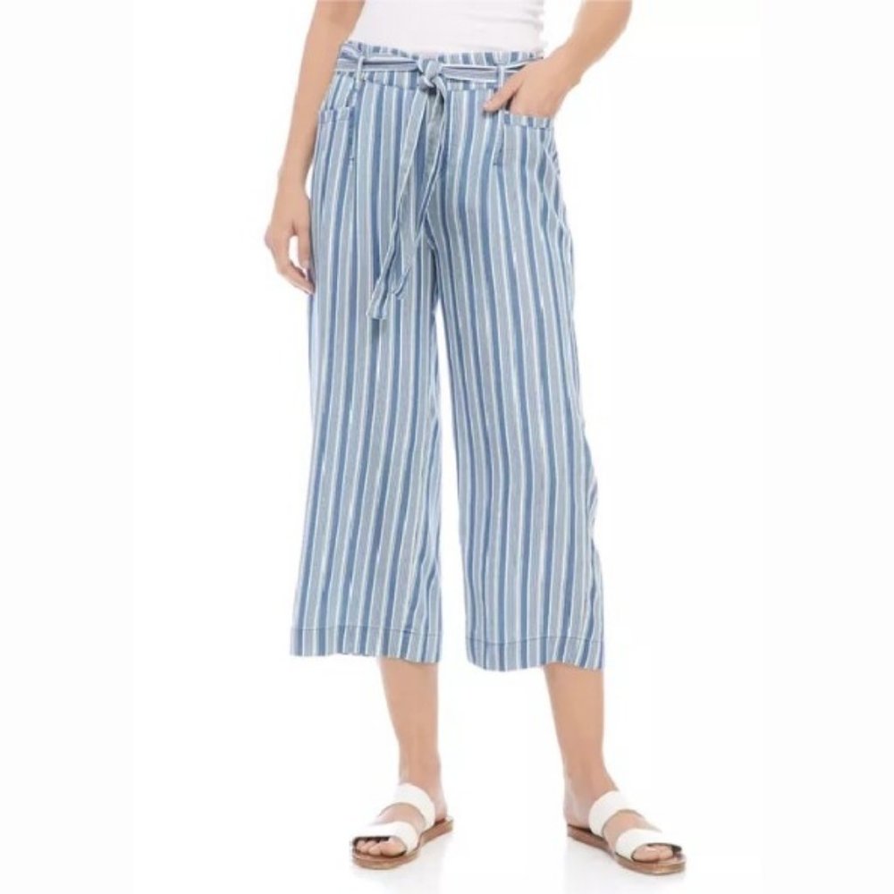 NEW SHARAGANO woman's sz large L Tie Waist Striped blue lightweight Tencel pants